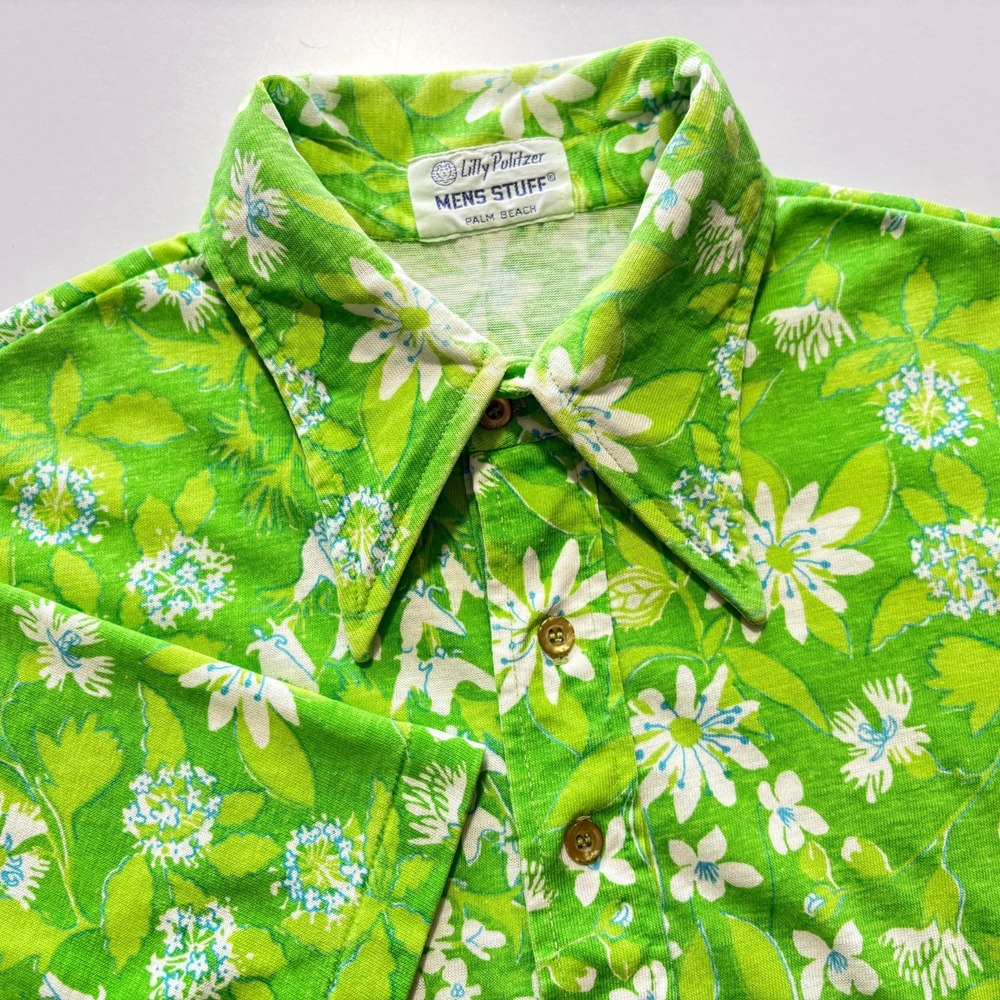 Vintage Lilly Pulitzer MENS STUFF Polo Shirt Floral AOP Green Shrt Sleeve (M~L?)